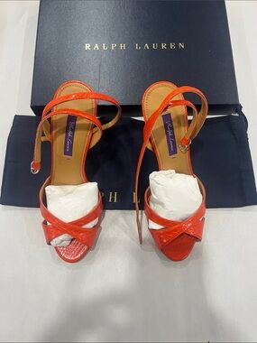 Ralph Lauren Orange-Red Patent Leather Strappy Heels